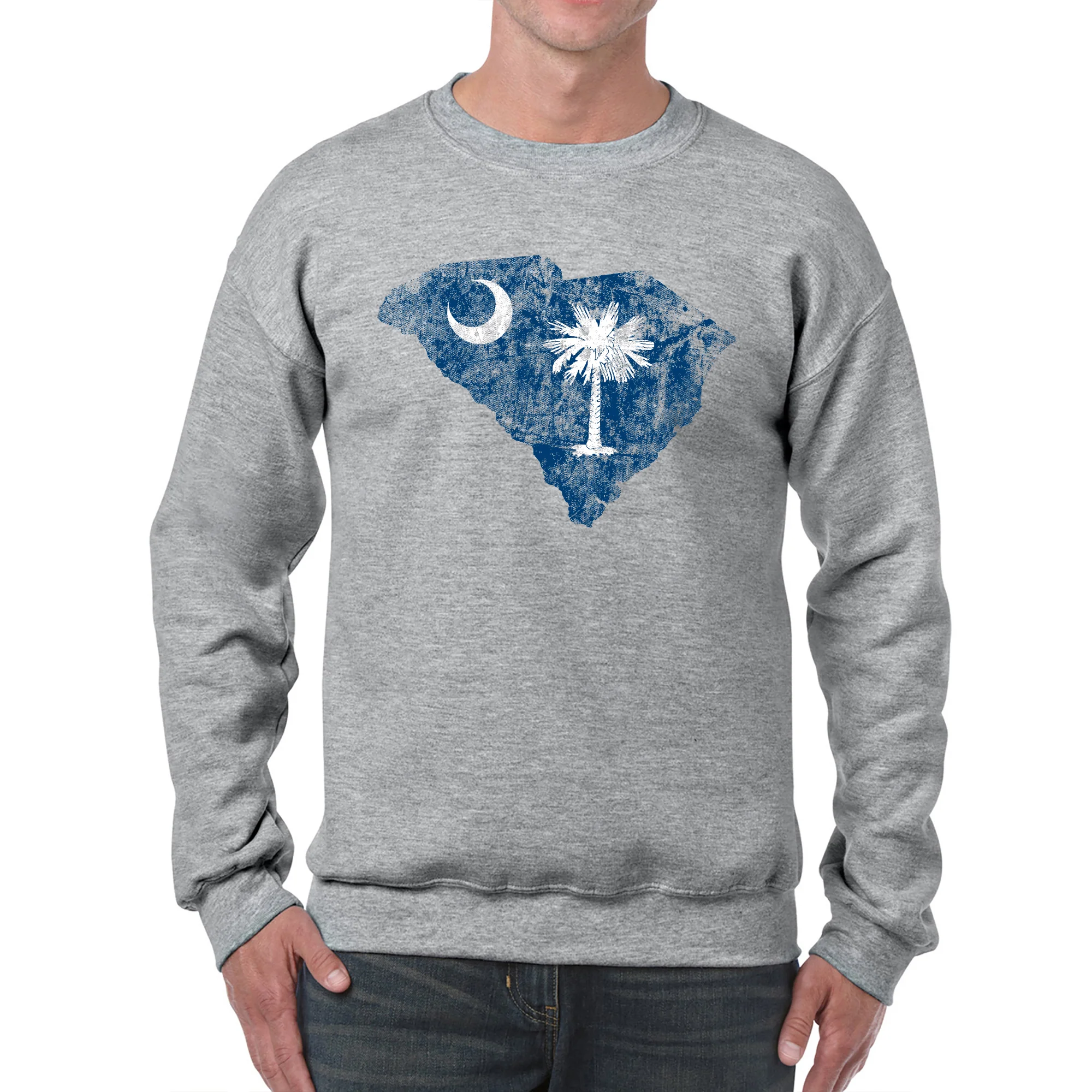 South Carolina Distressed State Flag Outline Crewneck Sweatshirt - Sport Grey - Image 3