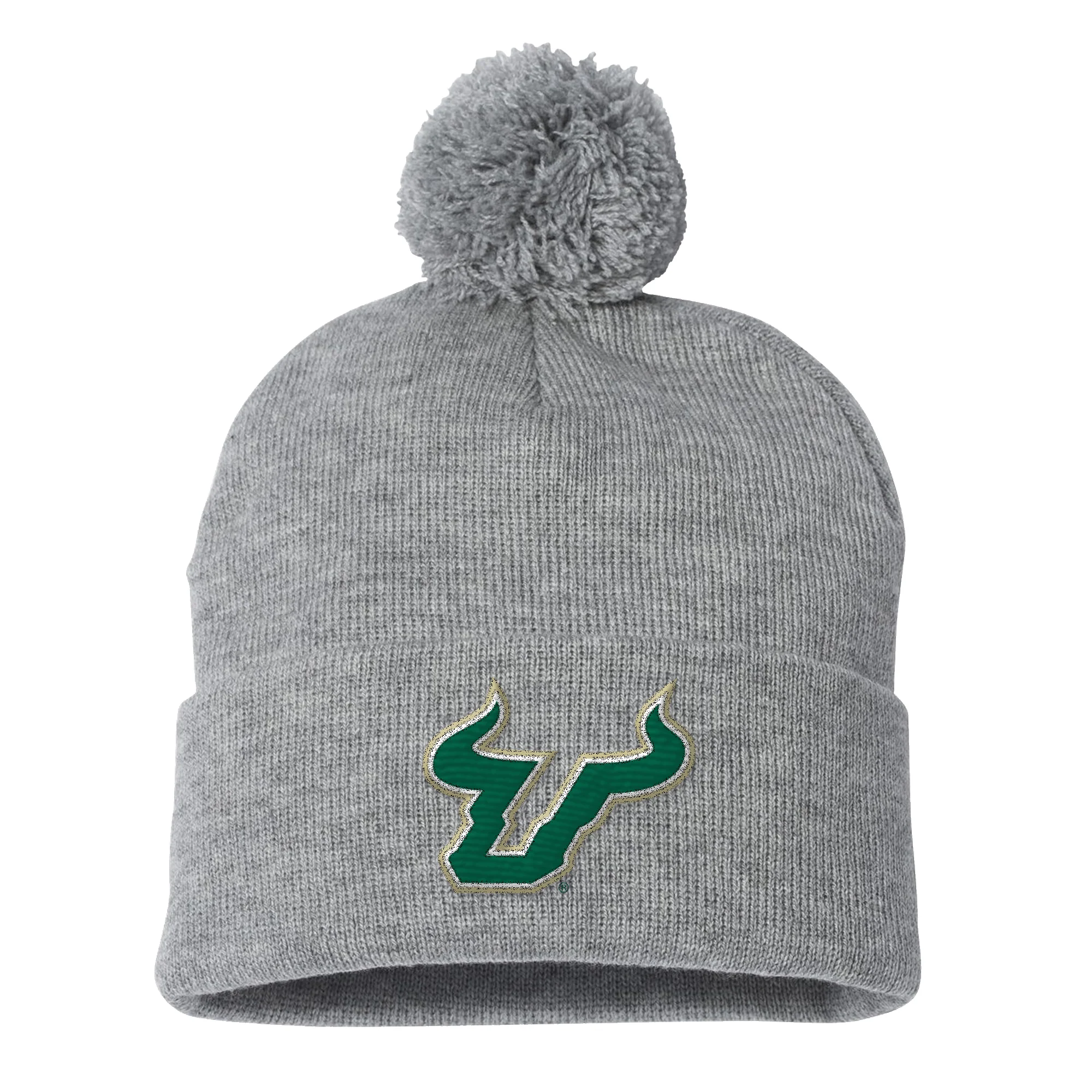 South Florida Bulls Primary Logo Pom-Pom Cuffed Beanie - One Size - Heather Grey