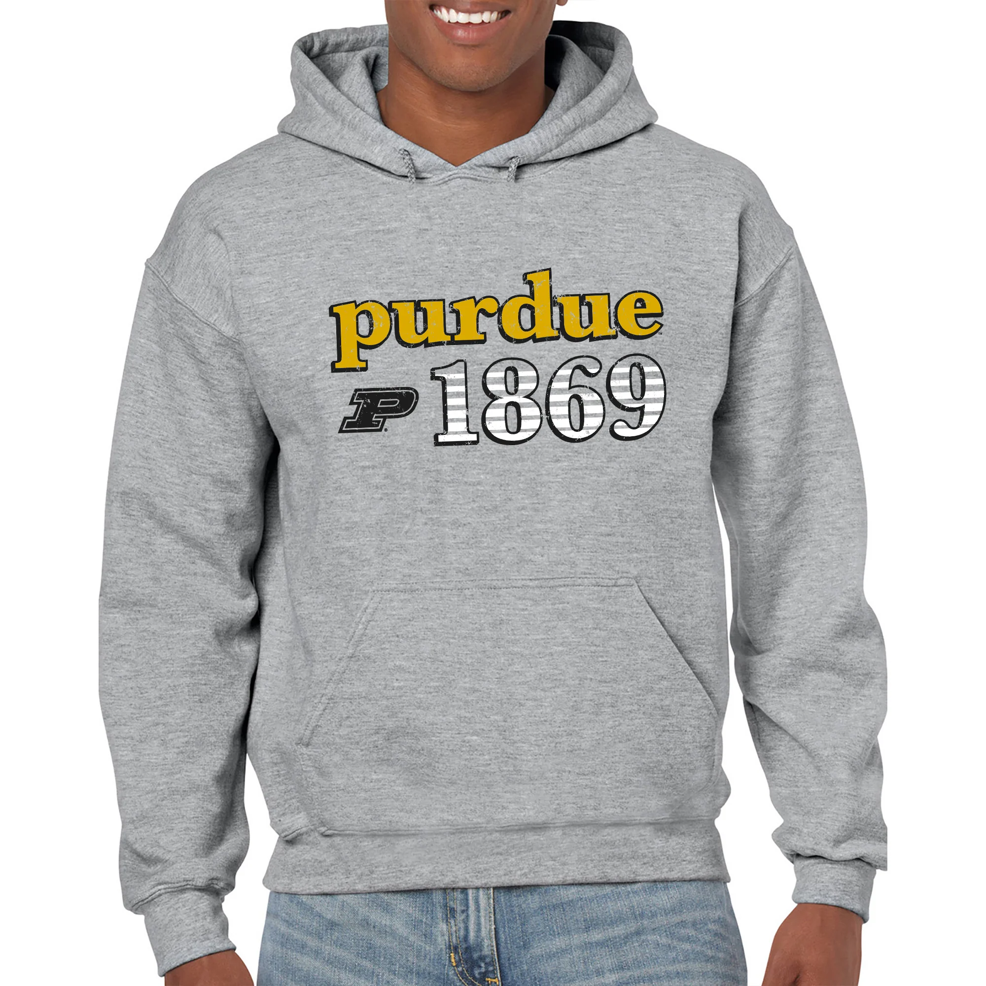 Purdue University Boilermakers Throwback Year Stripe Heavy Blend Hoodie - Sport Grey - Image 3