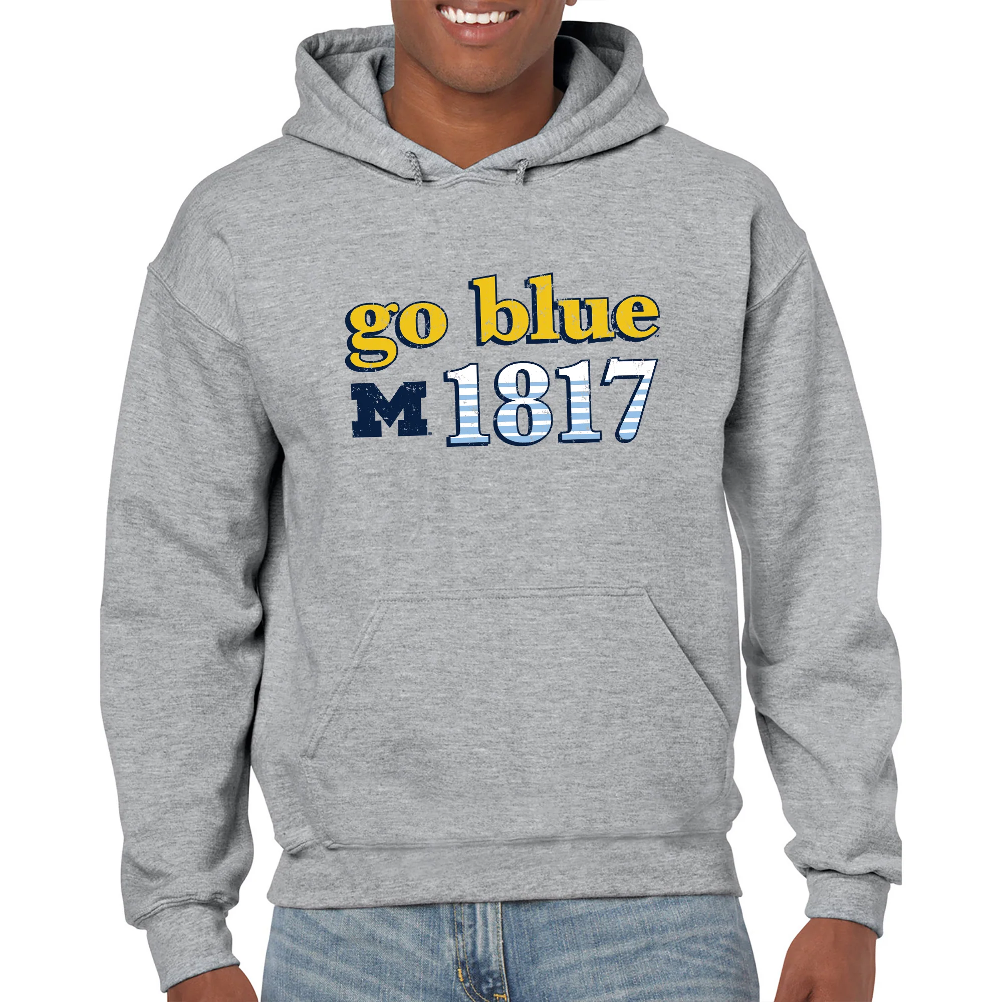 Throwback Year Stripe University of Michigan Heavy Blend Hoodie - Sport Grey - Image 3