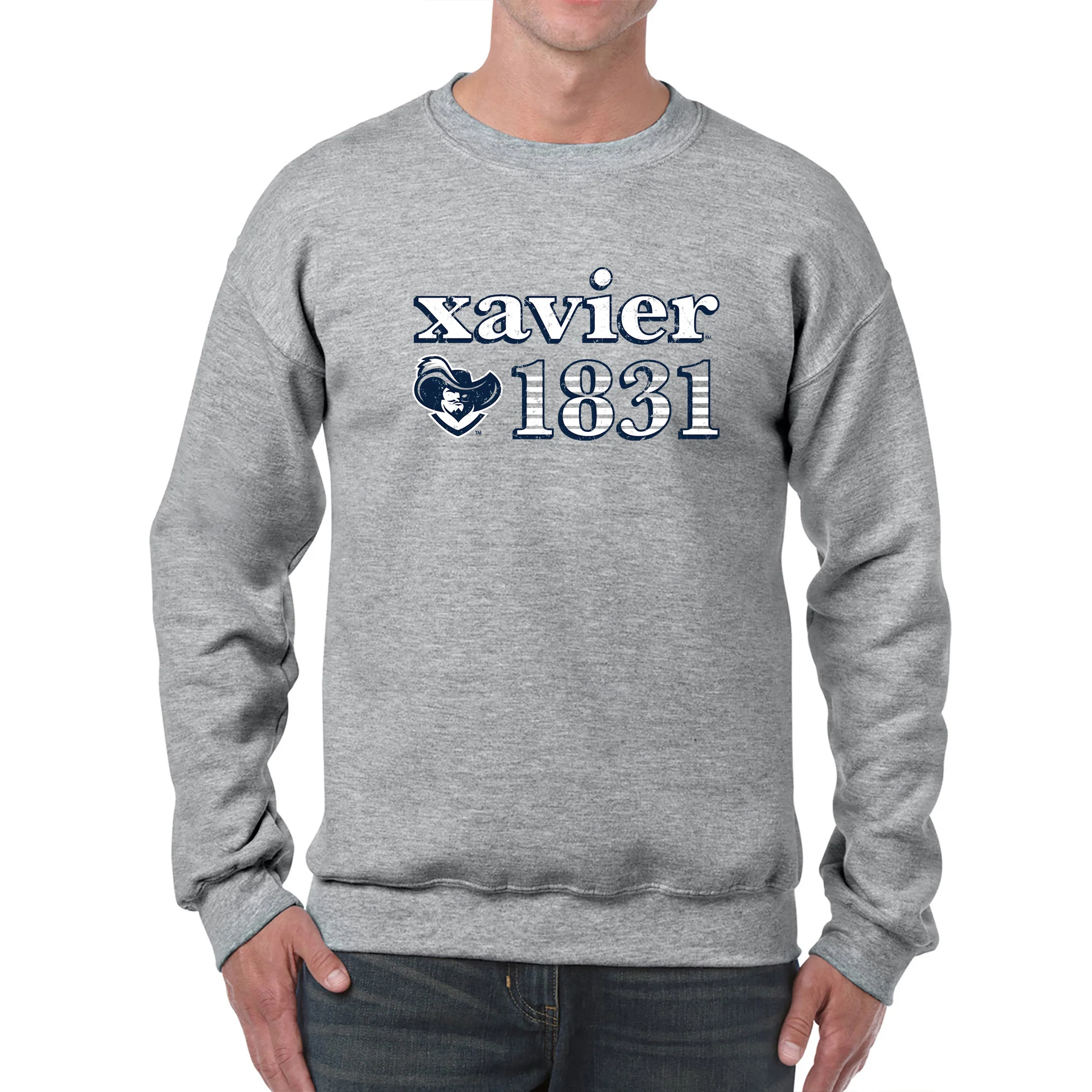 Xavier University Musketeers Throwback Year Stripe Heavy Blend Crewneck - Sport Grey - Image 3