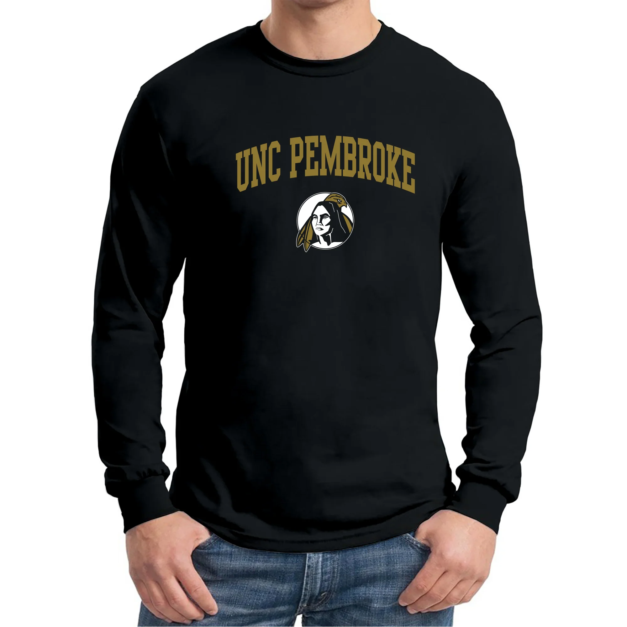 UNC Pembroke Braves Arch Logo Long Sleeve T Shirt - Black - Image 3