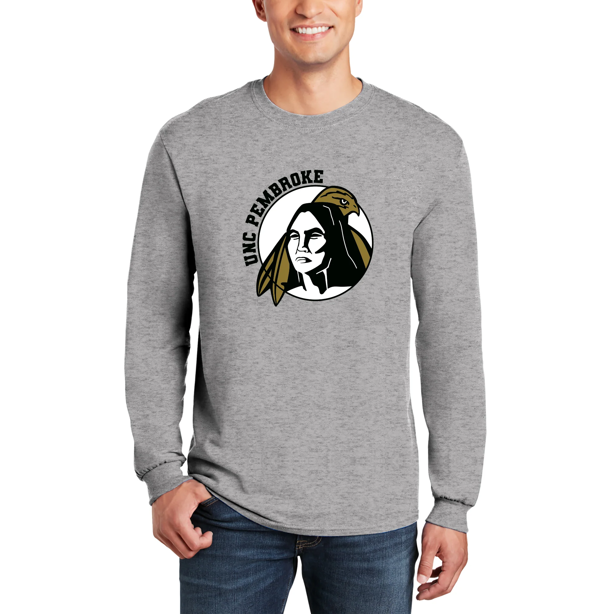 UNC Pembroke Braves Primary Logo Long Sleeve T Shirt - Sport Grey - Image 3