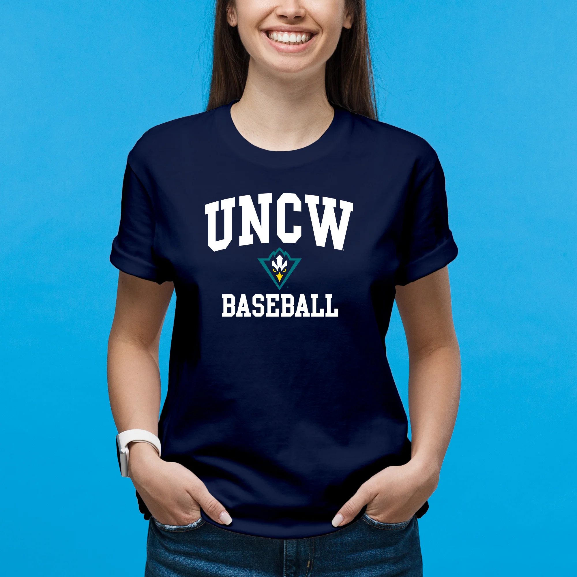 UNC Wilmington Seahawks Arch Logo Baseball T-Shirt - Navy - Image 4