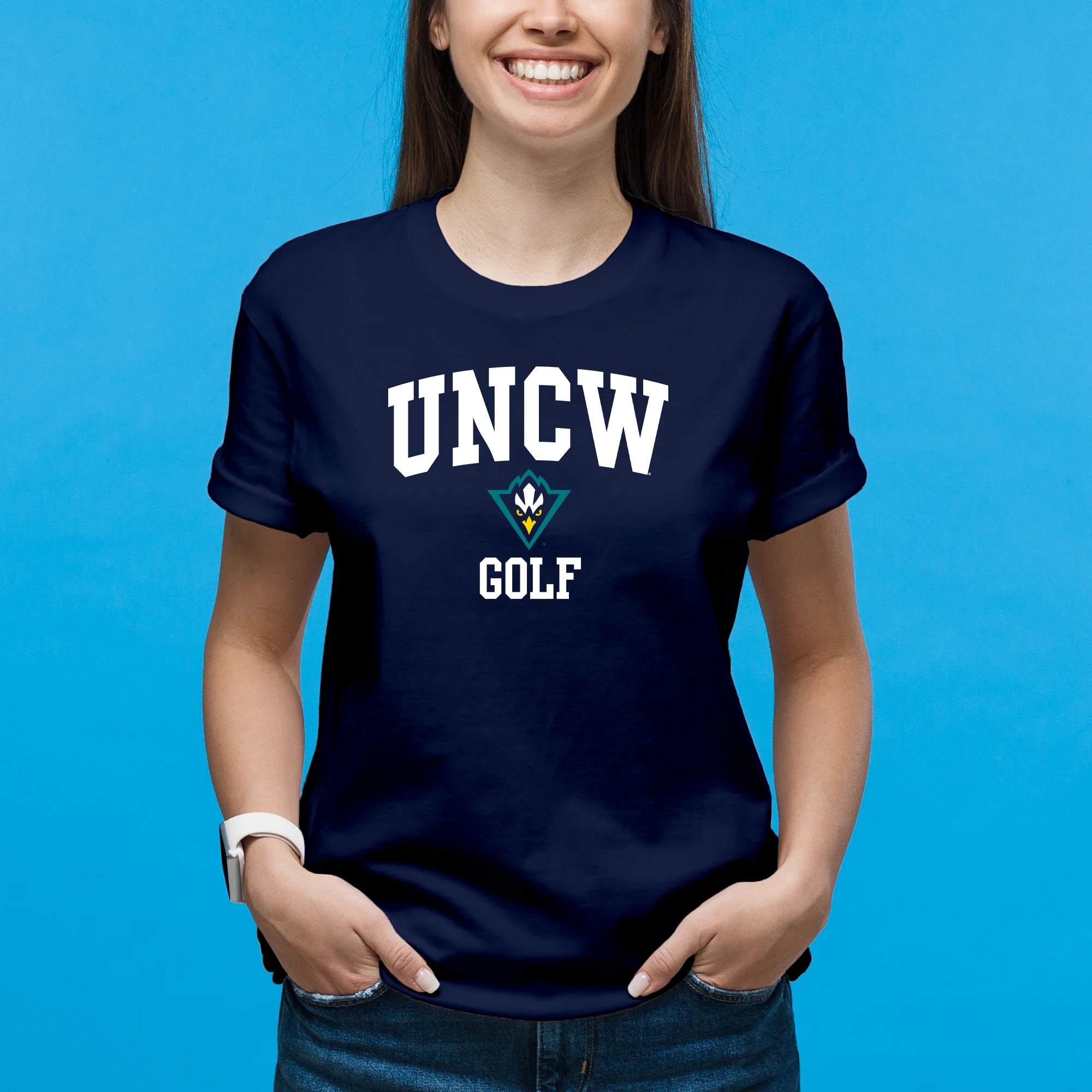 UNC Wilmington Seahawks Arch Logo Golf T-Shirt - Navy - Image 4