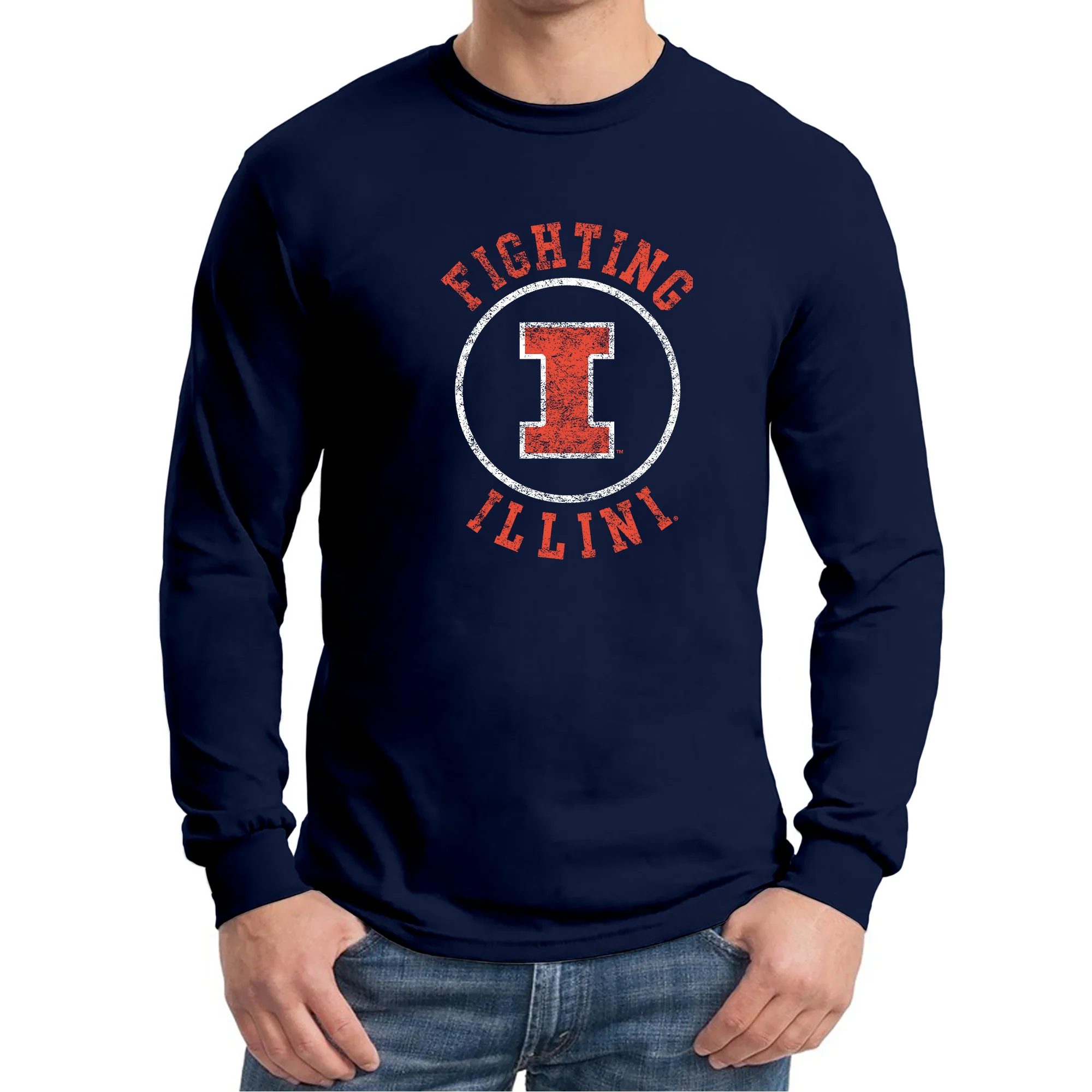 University of Illinois Fighting Illini Distressed Circle Logo Cotton Long Sleeve T-Shirt - Navy - Image 4