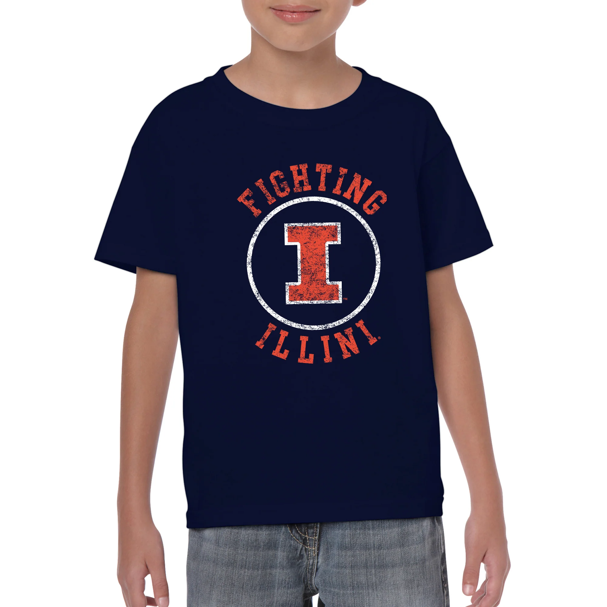 University of Illinois Fighting Illini Distressed Circle Logo Cotton Youth T-Shirt - Navy - Image 3