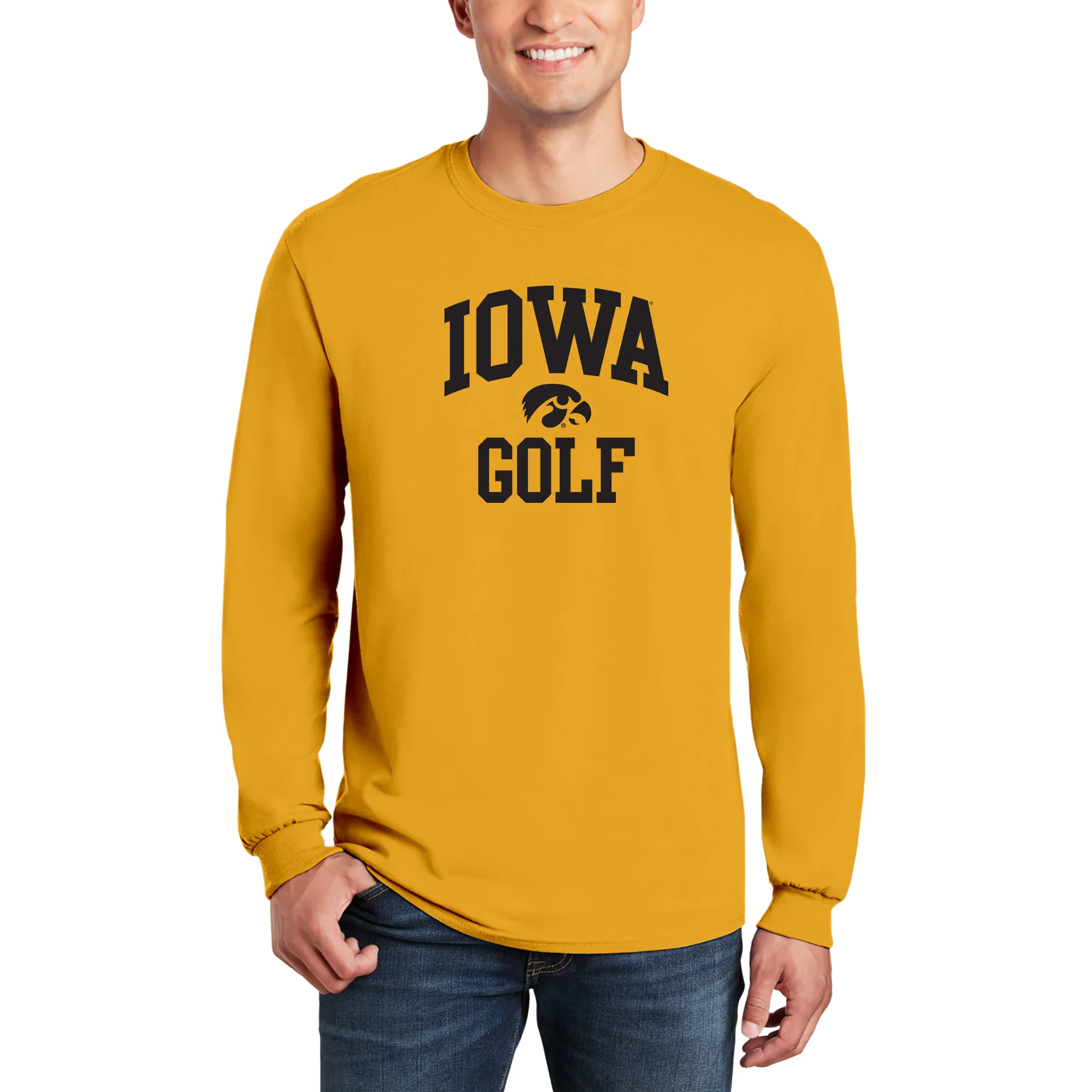 University of Iowa Hawkeyes Arch Logo Golf Long Sleeve T Shirt- Gold - Image 4