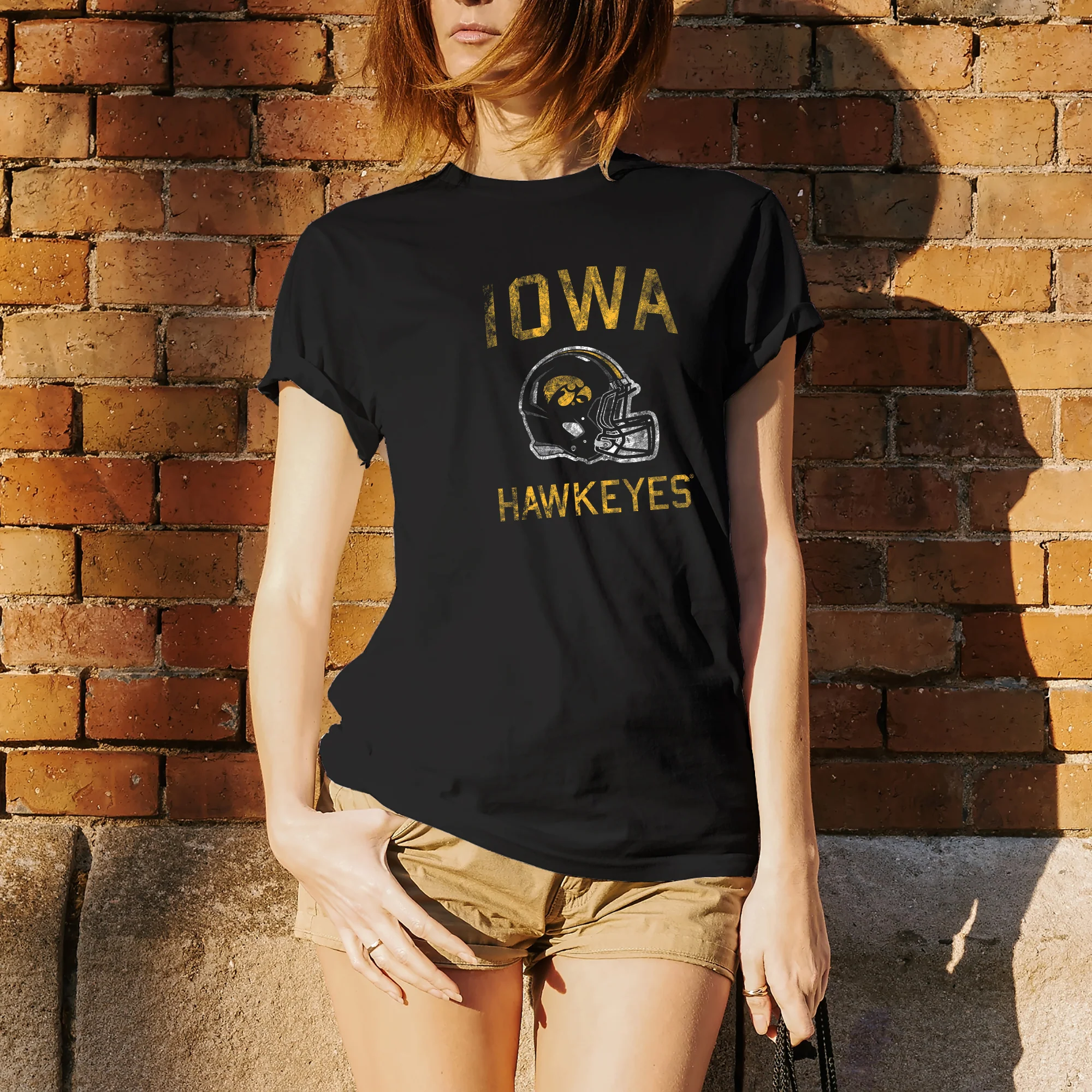 University of Iowa Hawkeyes Faded Football Helmet Basic Cotton Short Sleeve T Shirt - Black - Image 4