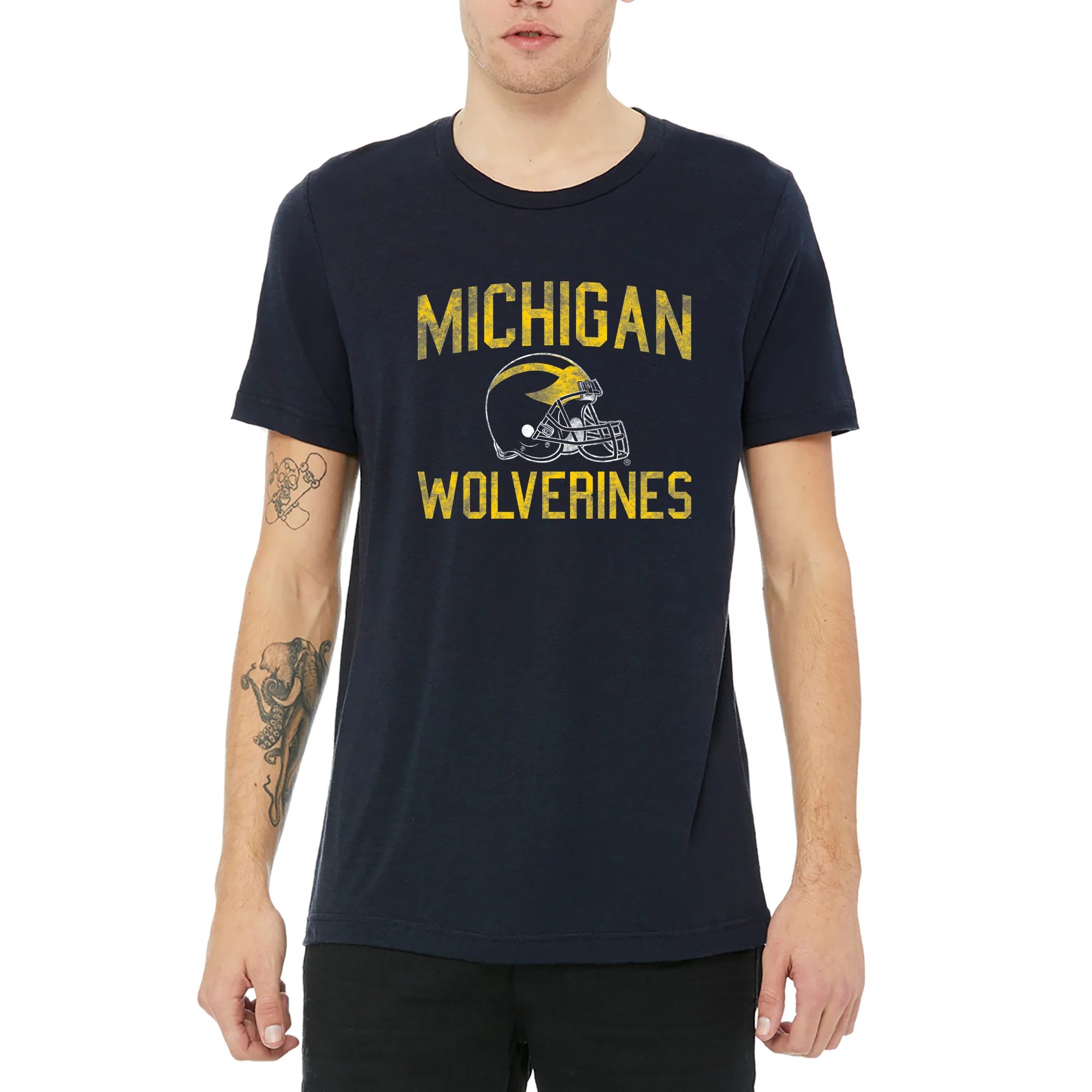 University of Michigan Wolverines Faded Football Helmet Canvas Short Sleeve Triblend T-Shirt - Solid Navy Triblend - Image 3