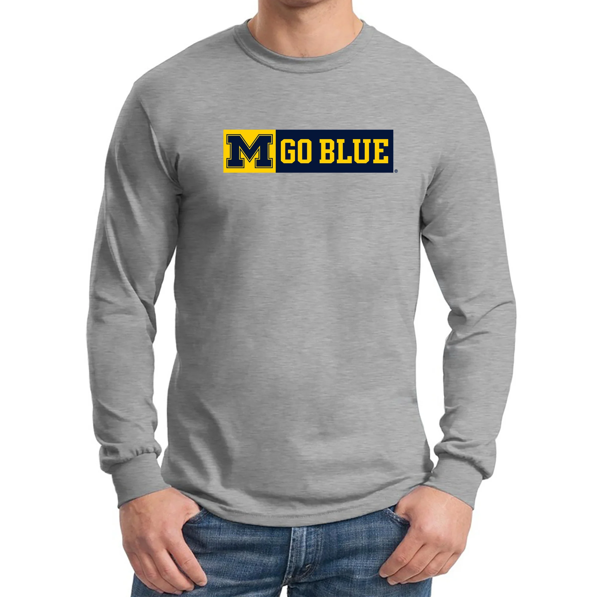 University of Michigan Wolverines Secondary Wordmark Go Blue Long Sleeve T Shirt - Sport Grey - Image 4