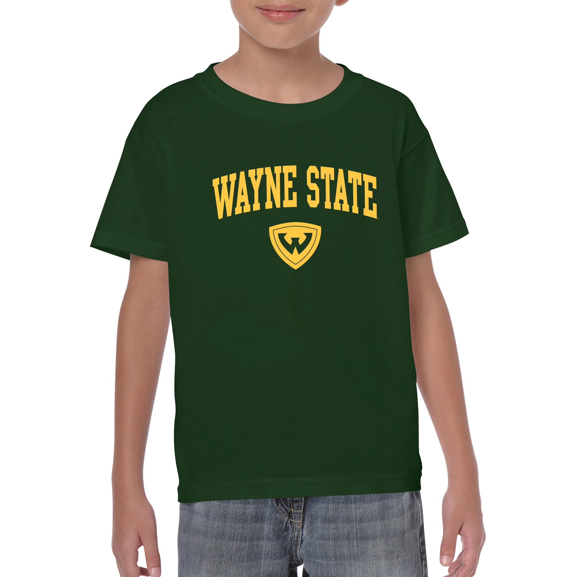 Wayne State University Warriors Arch Logo Youth Short Sleeve T-Shirt - Forest Green - Image 3