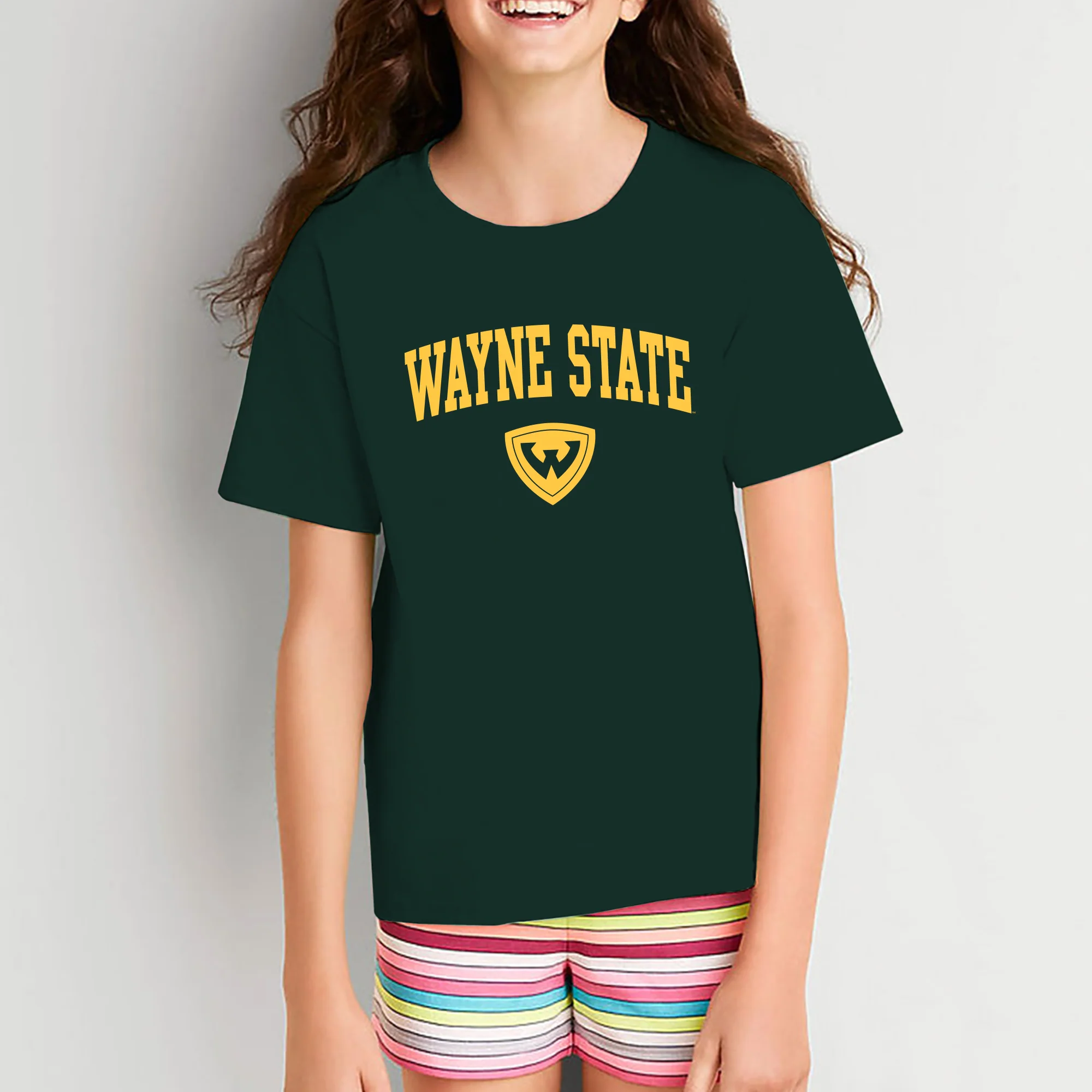 Wayne State University Warriors Arch Logo Youth Short Sleeve T-Shirt - Forest Green - Image 4