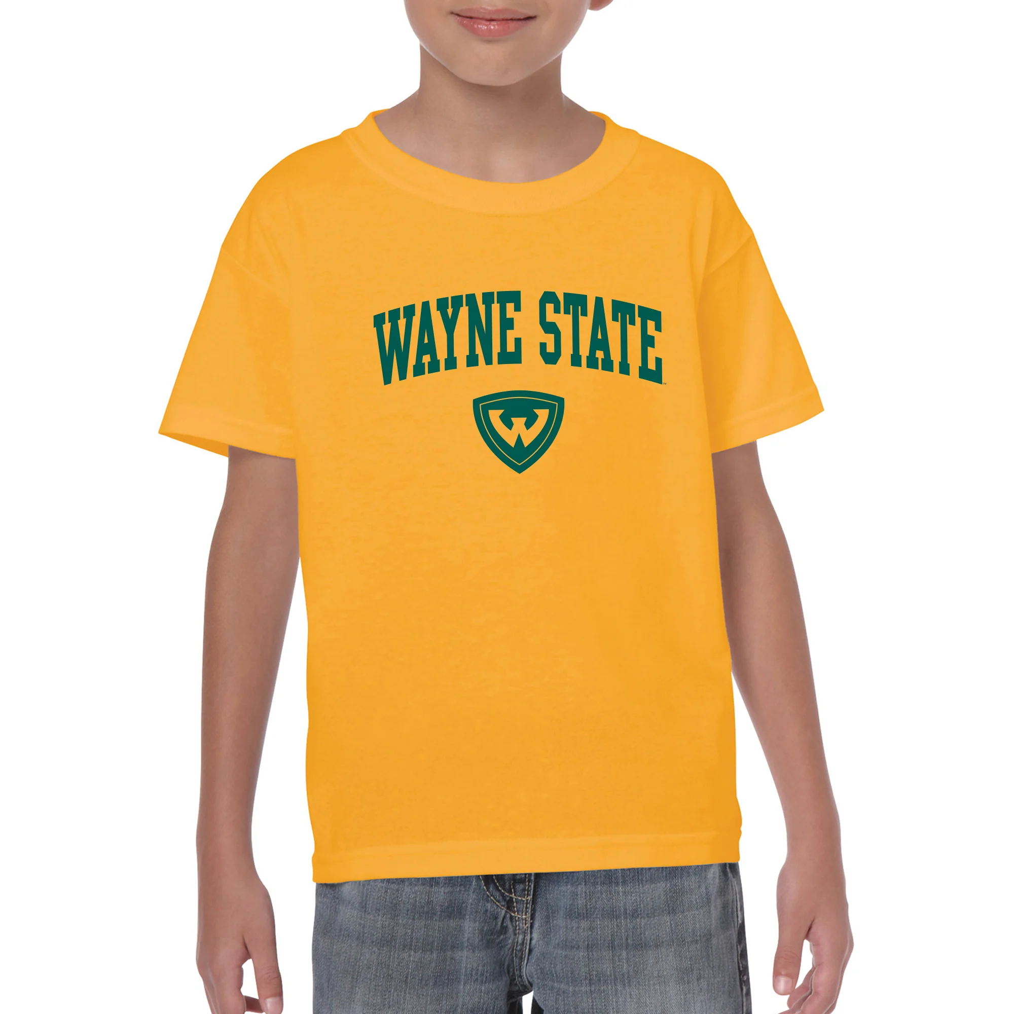 Wayne State University Warriors Arch Logo Youth Short Sleeve T-Shirt - Gold - Image 3
