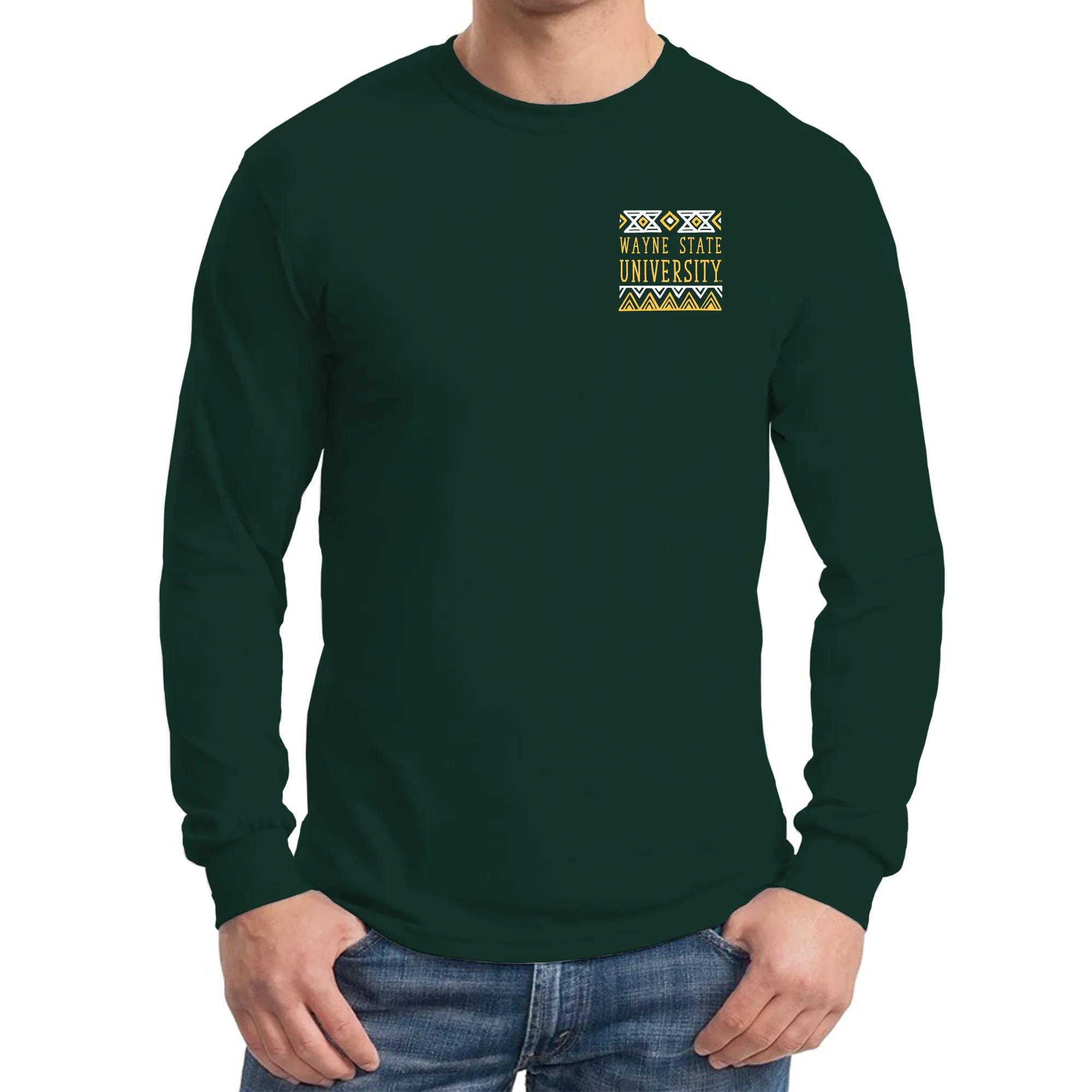 Wayne State University Warriors Aztec Pattern Emblem Long Sleeve T-Shirts - Forest - Image 3