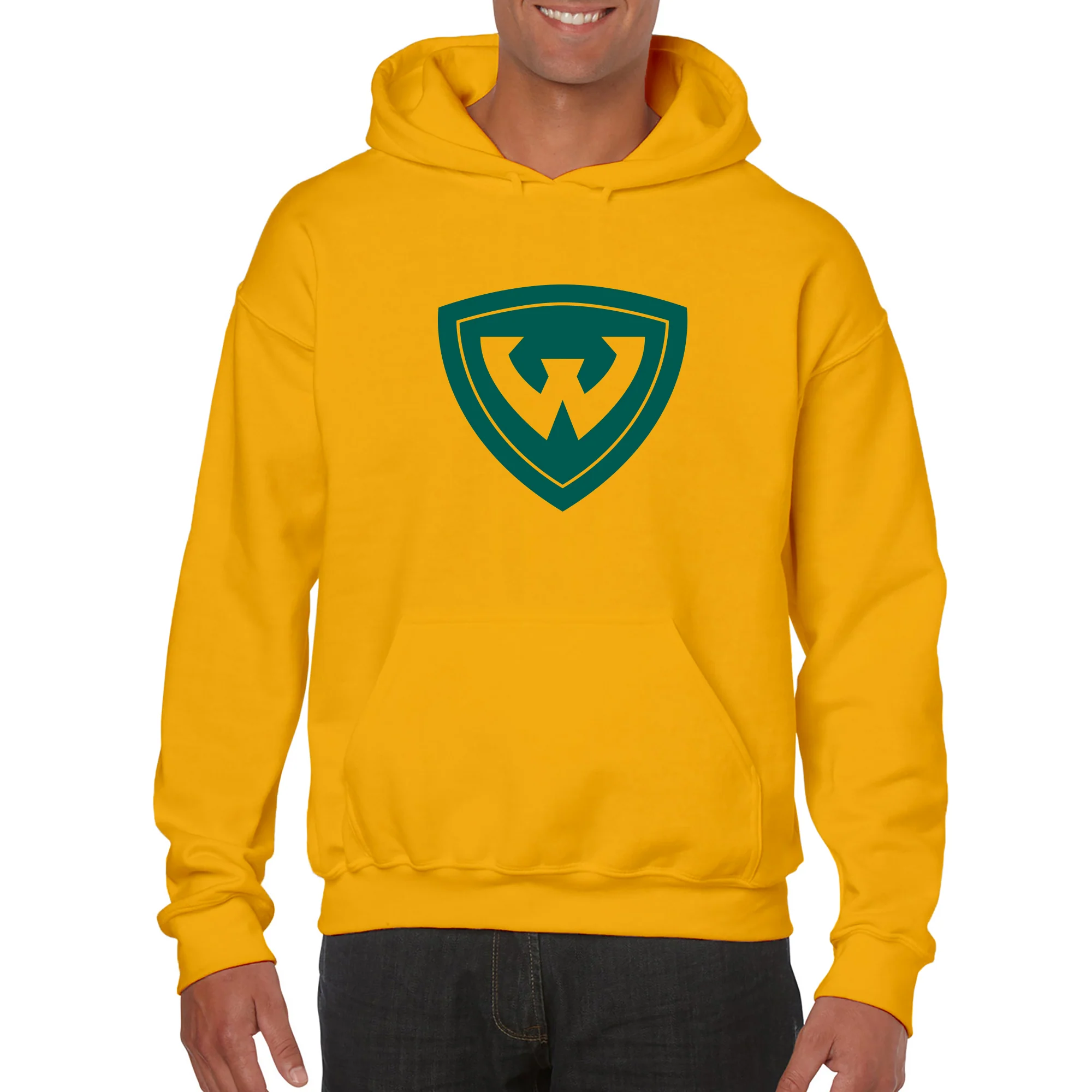 Wayne State University Warriors Primary Logo Heavy Blend Hoodie - Gold - Image 3