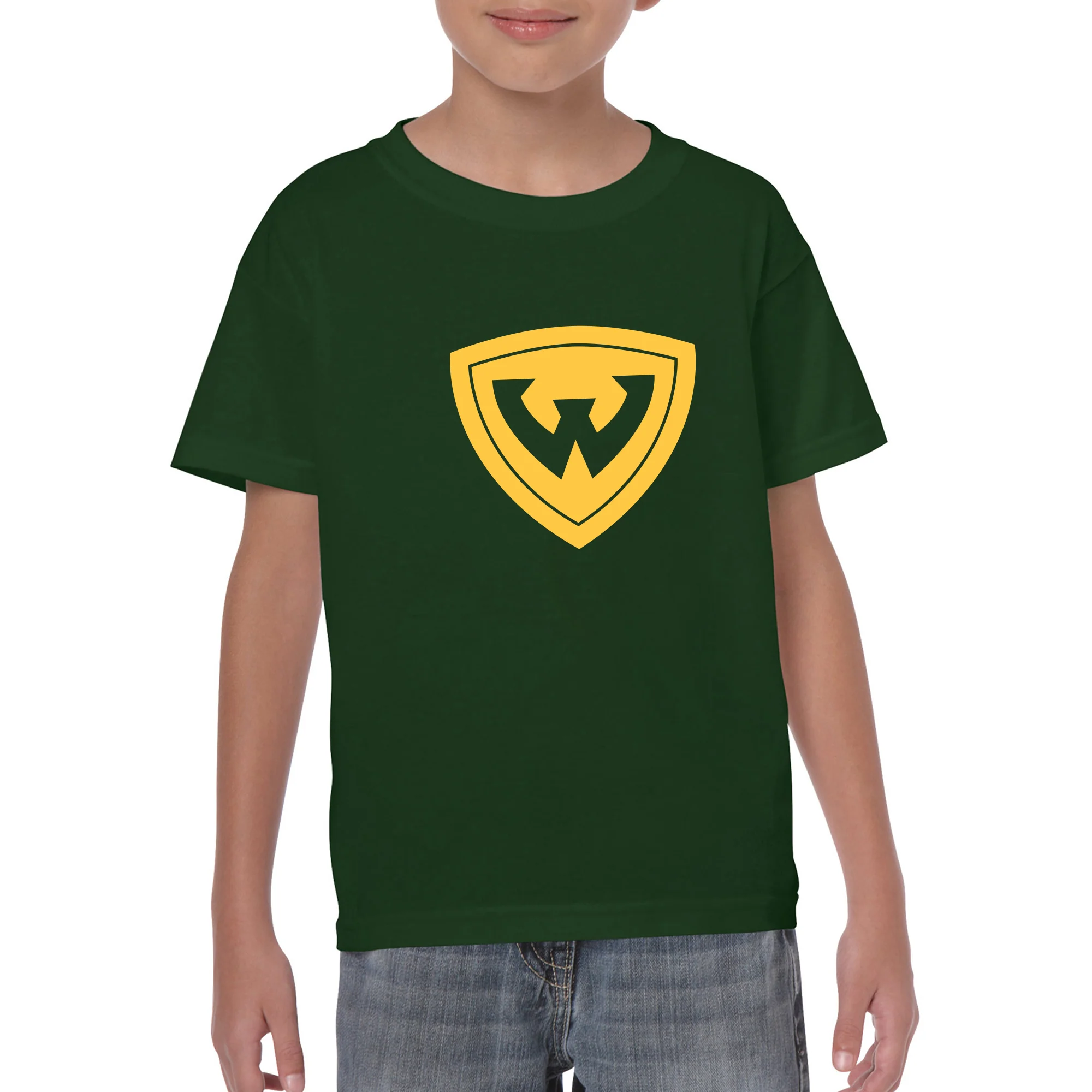 Wayne State University Warriors Primary Logo Youth Short Sleeve T-Shirt - Forest Green - Image 3