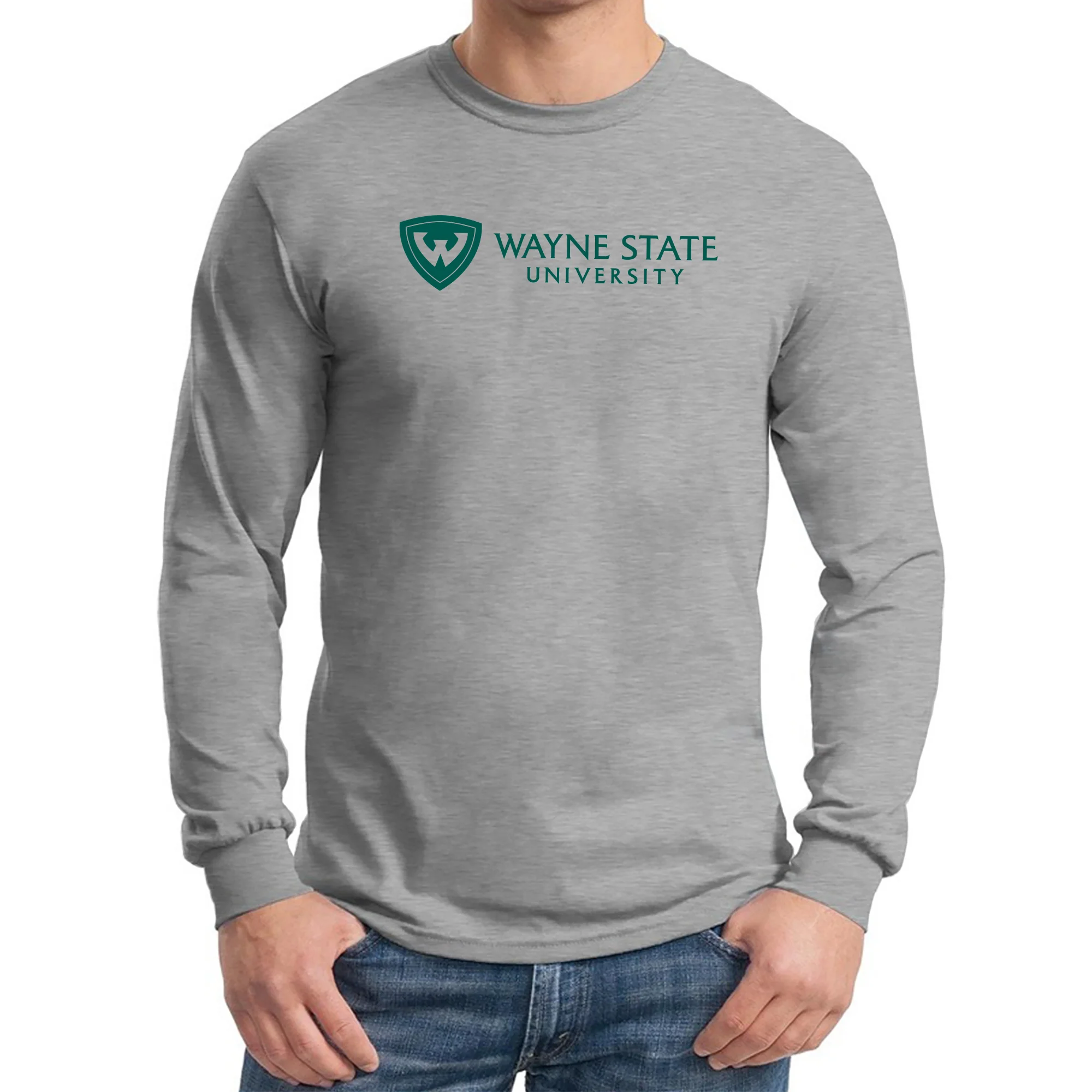 Wayne State University Warriors Institutional Logo Long Sleeve T Shirt - Sport Grey - Image 3