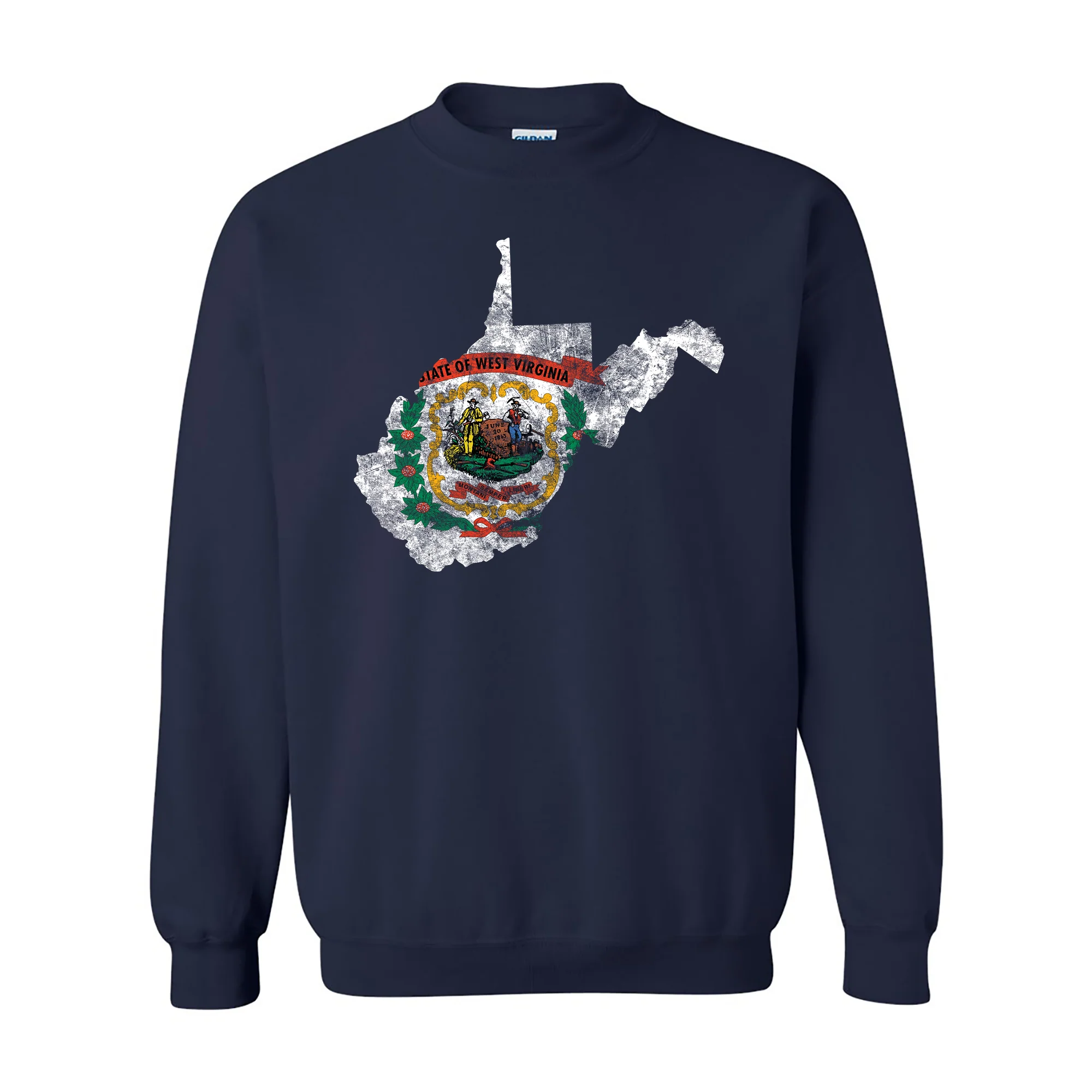 West Virginia Distressed State Flag Outline Crewneck Sweatshirt - Navy