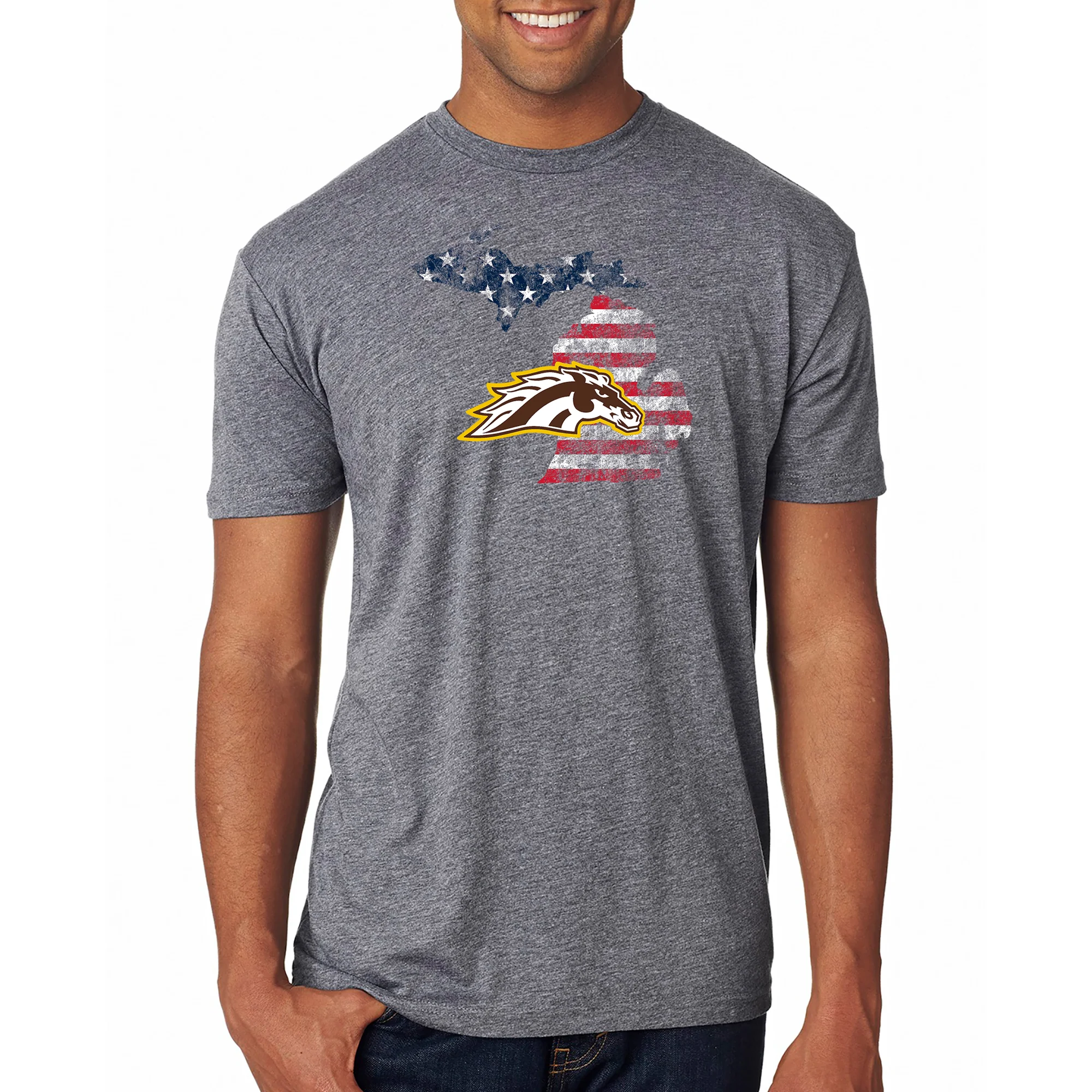 Western Michigan Patriotic State Silhouette NLA Triblend T-Shirt - Premium Heather - Image 3