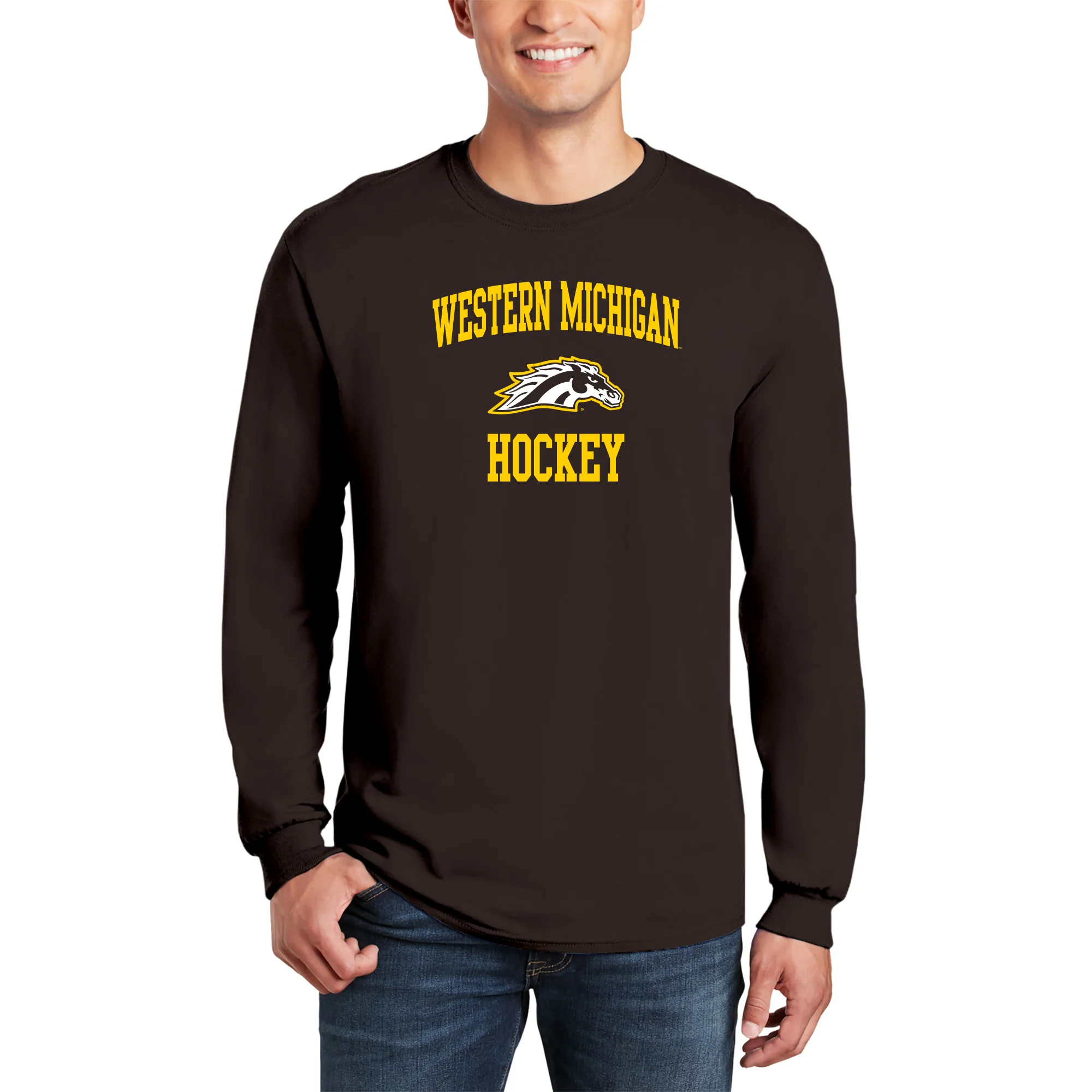 Western Michigan University Broncos Arch Logo Hockey Long Sleeve T Shirt - Dark Chocolate - Image 3