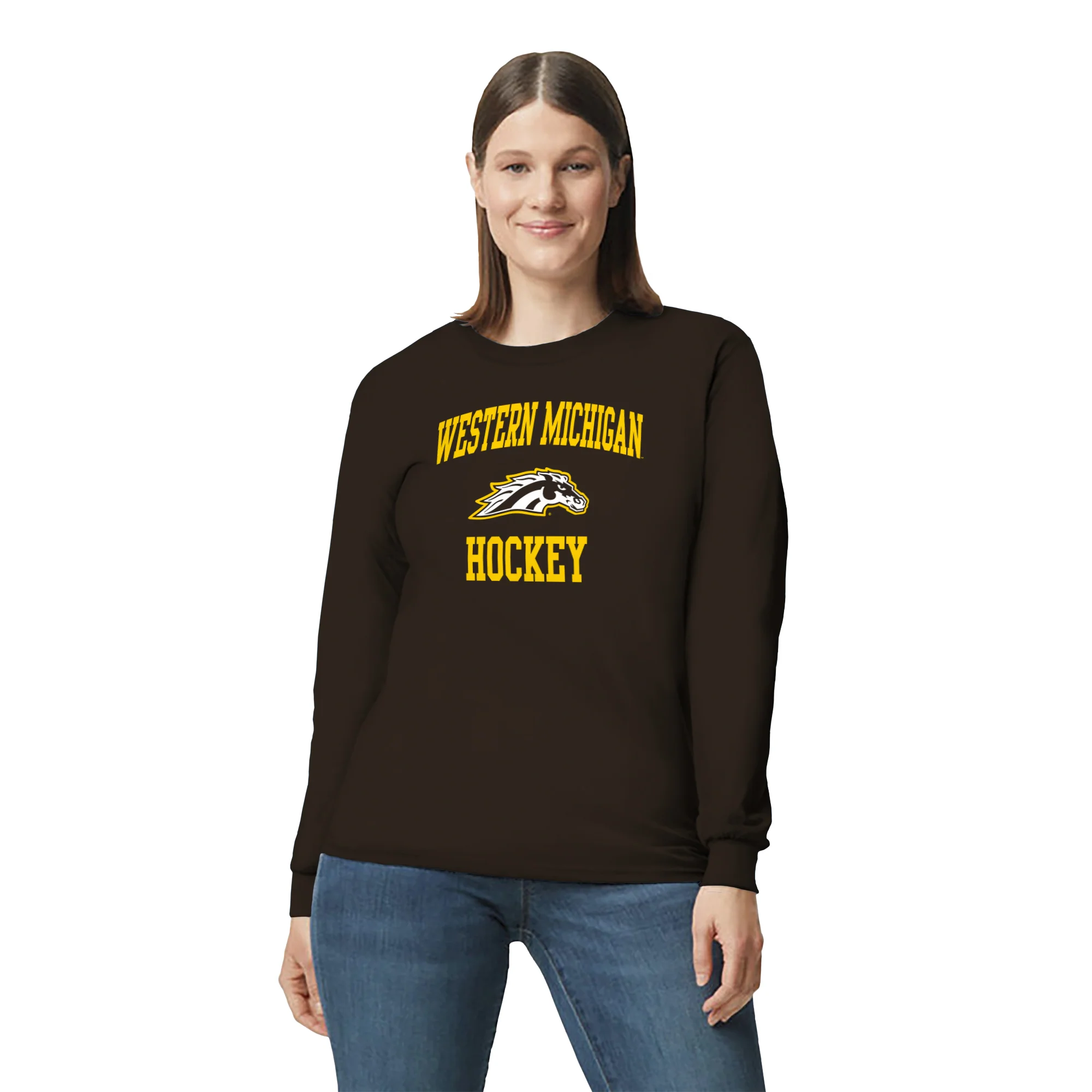 Western Michigan University Broncos Arch Logo Hockey Long Sleeve T Shirt - Dark Chocolate - Image 4