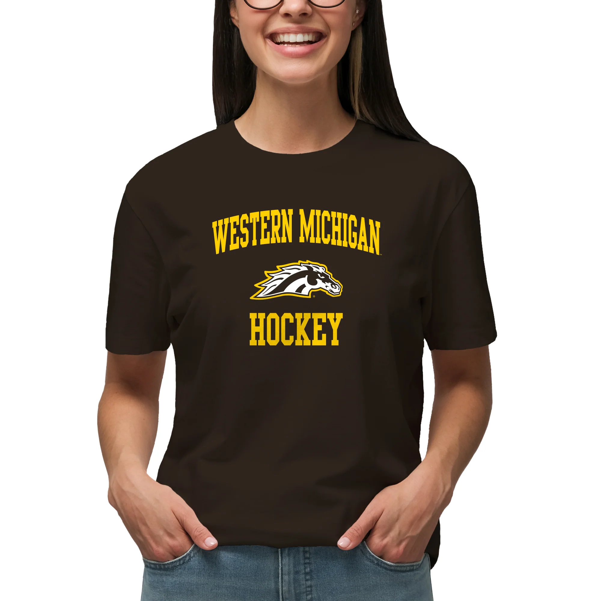 Western Michigan University Broncos Arch Logo Hockey Short Sleeve T Shirt - Dark Chocolate - Image 4