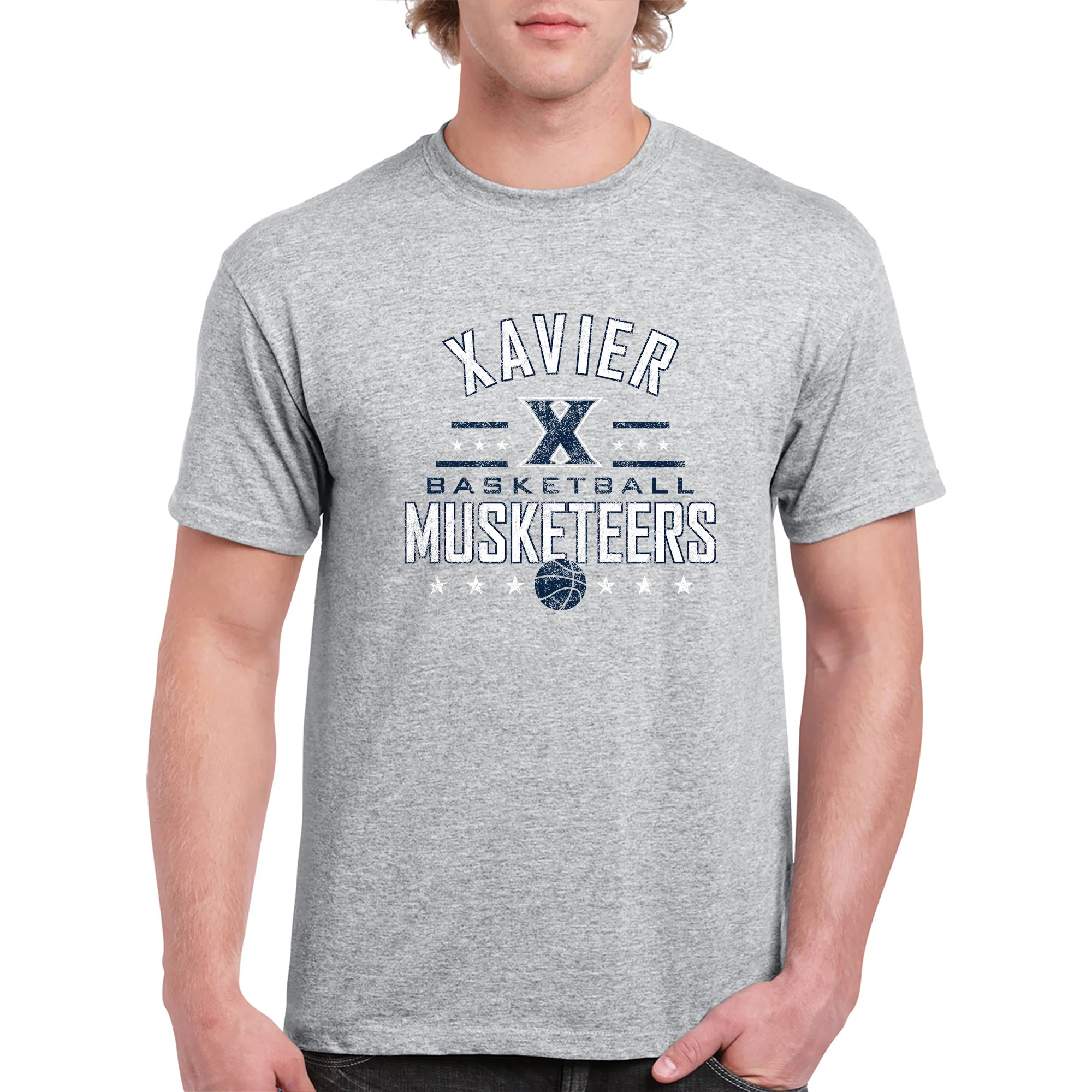 Xavier University Musketeers Basketball Arch Stars Basic Cotton Short Sleeve T Shirt - Sport Grey - Image 3