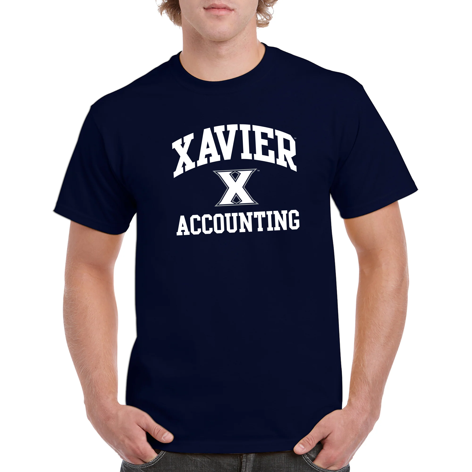 Xavier University Musketeers Arch Logo Accounting Basic Cotton Short Sleeve T Shirt - Navy - Image 3