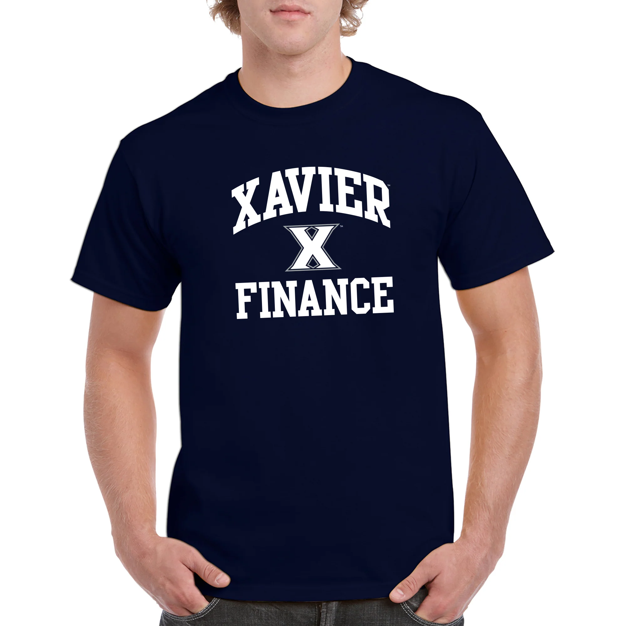 Xavier University Musketeers Arch Logo Finance Basic Cotton Short Sleeve T Shirt - Navy - Image 3