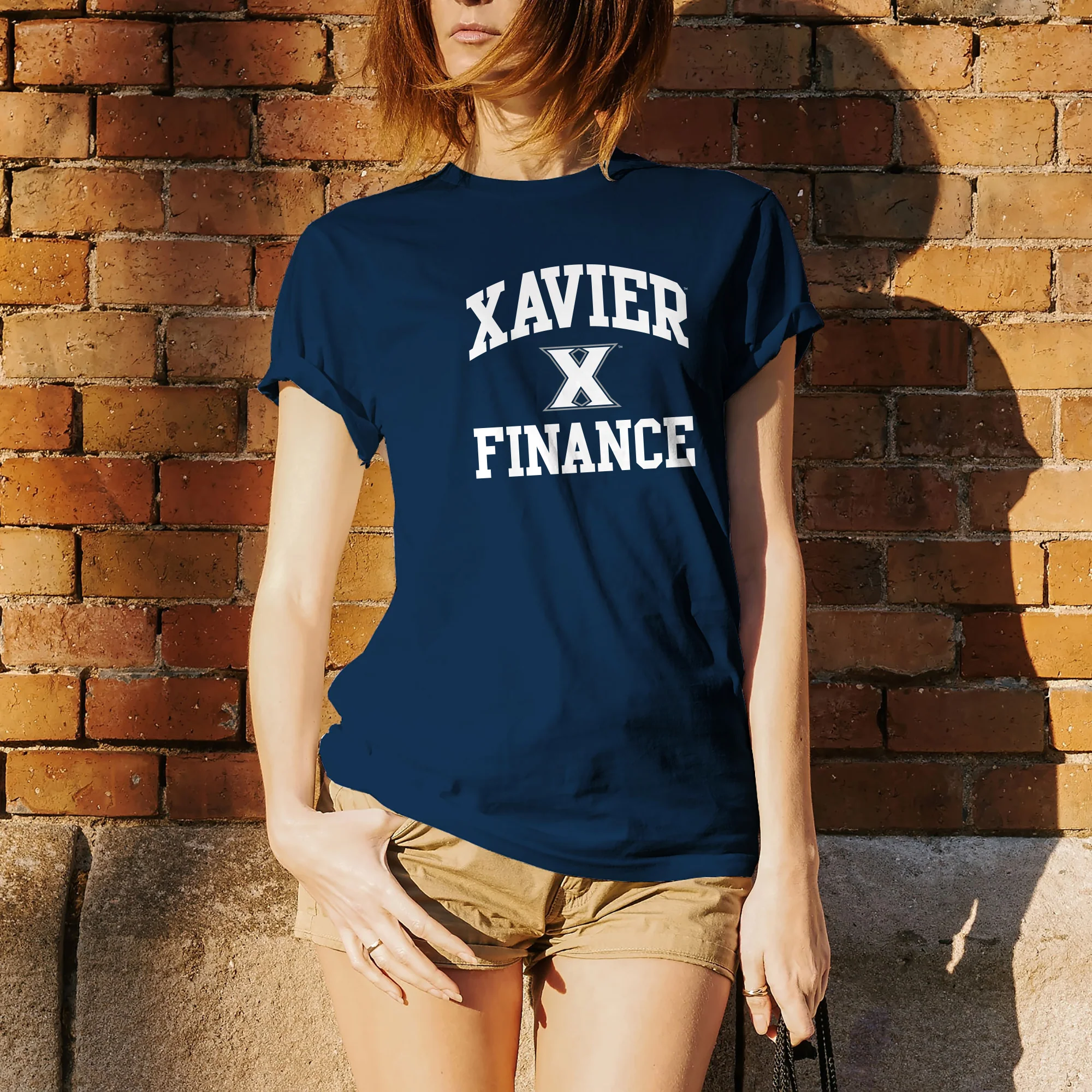 Xavier University Musketeers Arch Logo Finance Basic Cotton Short Sleeve T Shirt - Navy - Image 4