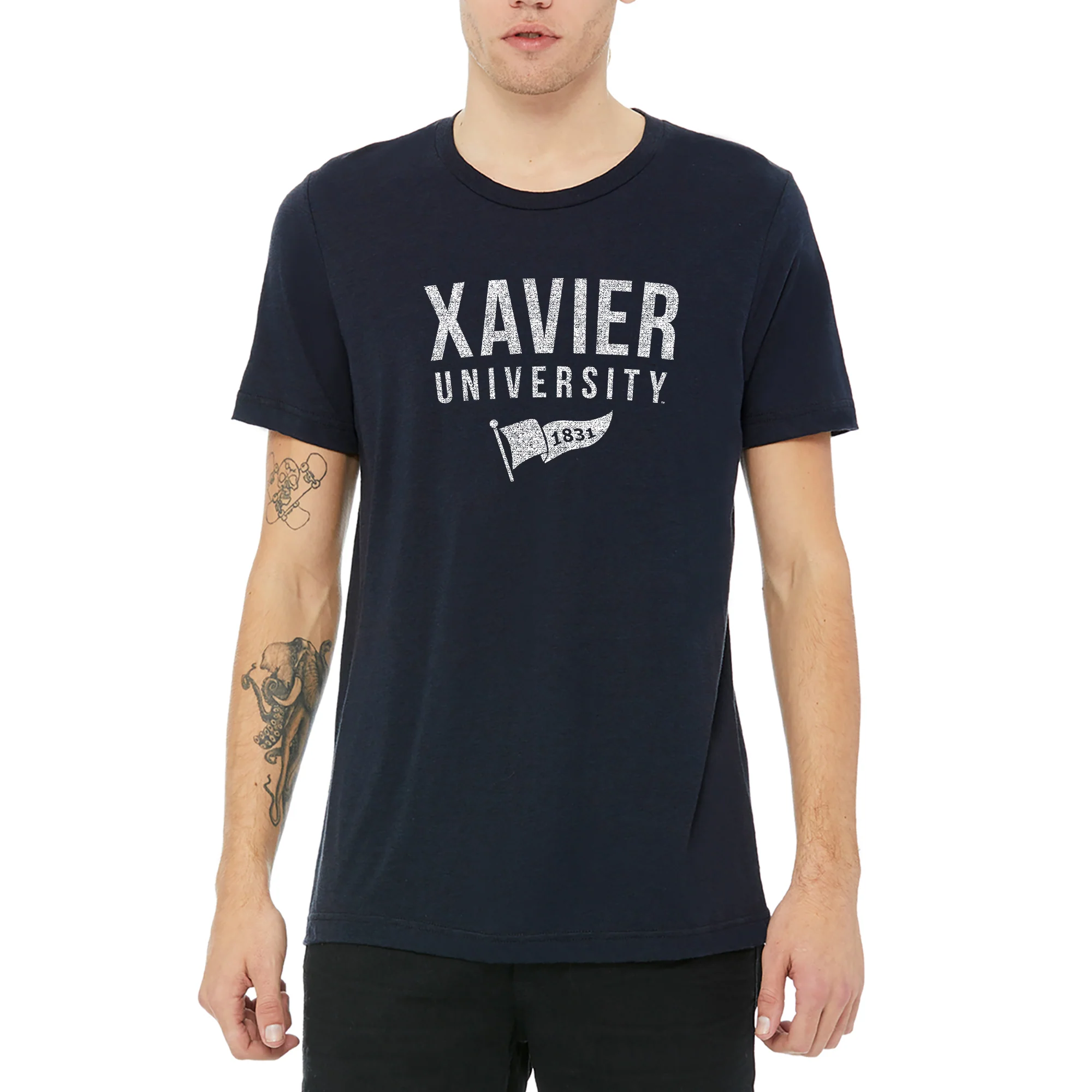 Xavier University Musketeers 1831 Banner Canvas Short Sleeve Triblend T-Shirt - Solid Navy - Image 3
