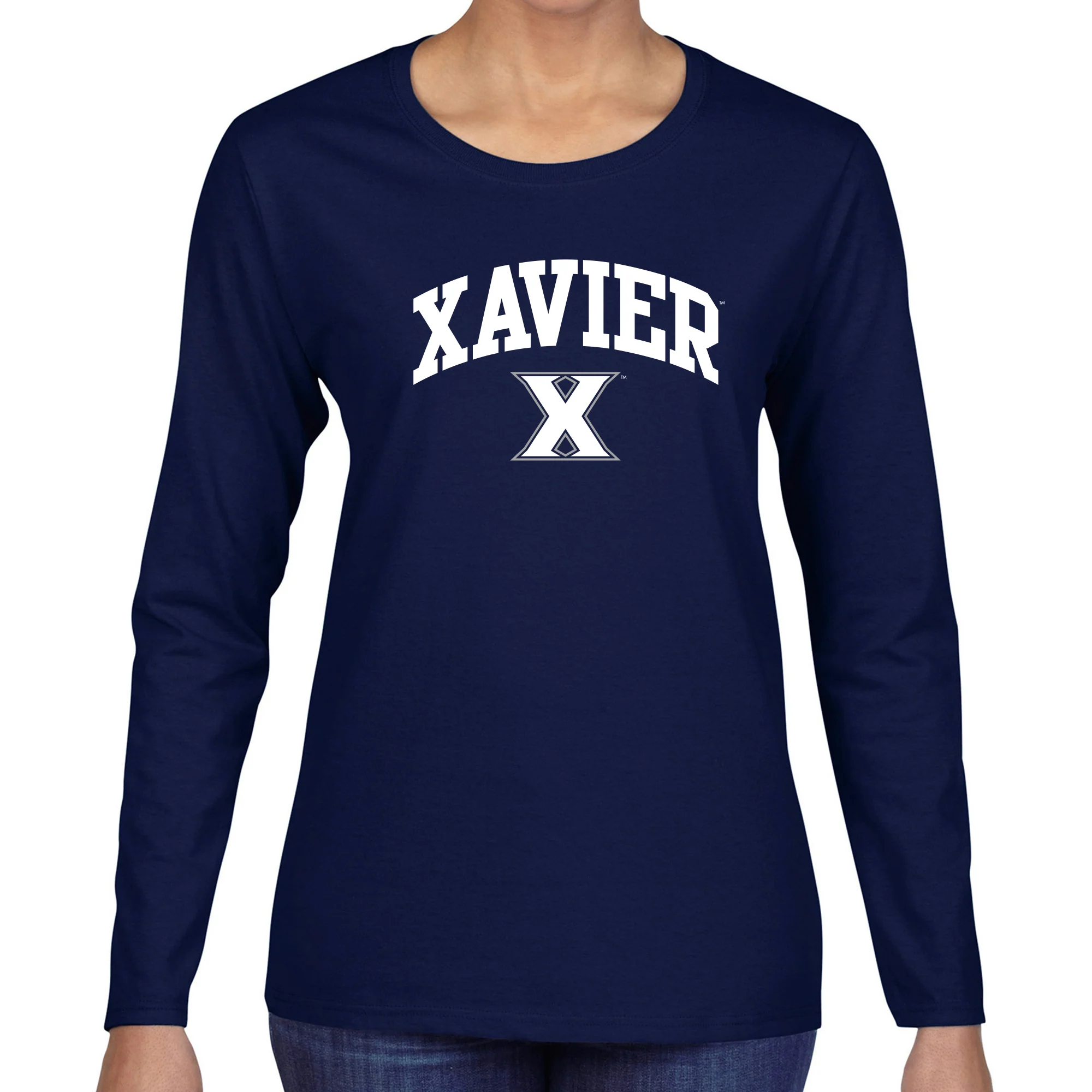 Xavier University Musketeers Arch Logo Long Sleeve Womens T-Shirt - Navy - Image 3
