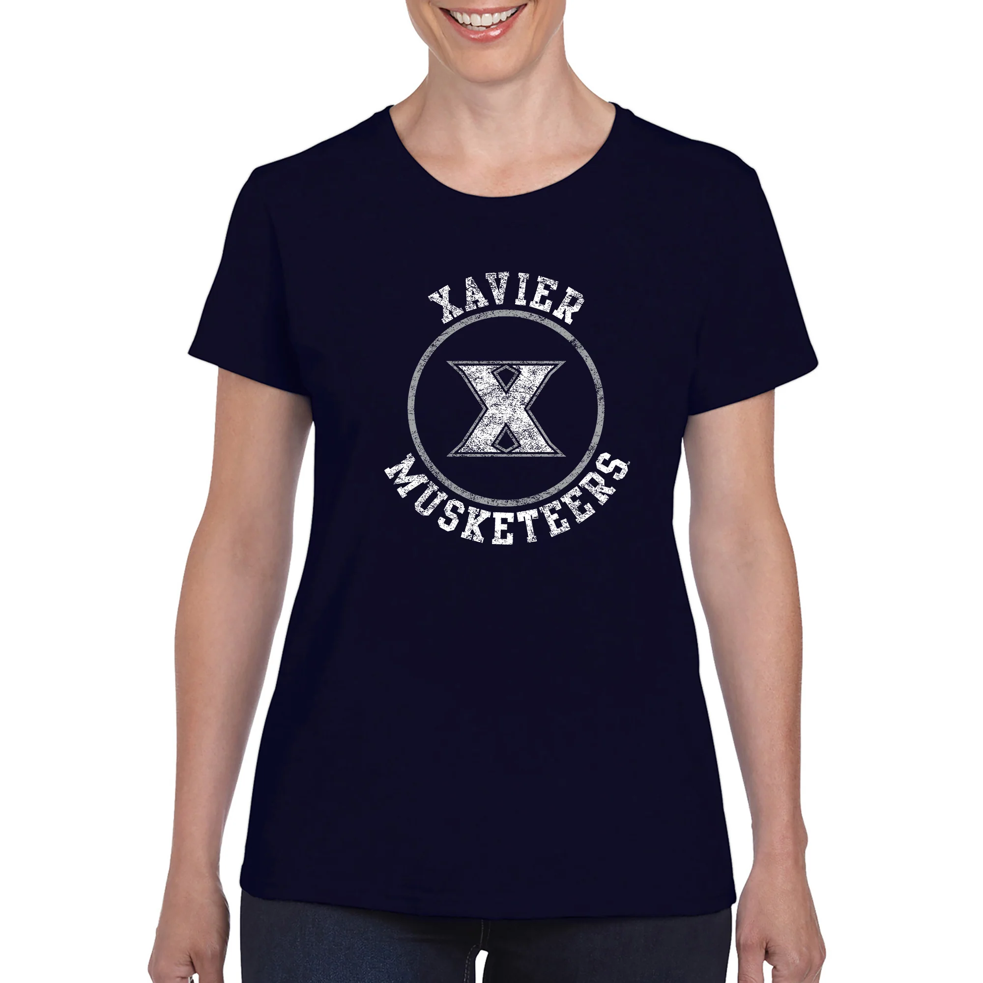 Xavier University Musketeers Distressed Circle Logo Short Sleeve Womens T Shirt - Navy - Image 3