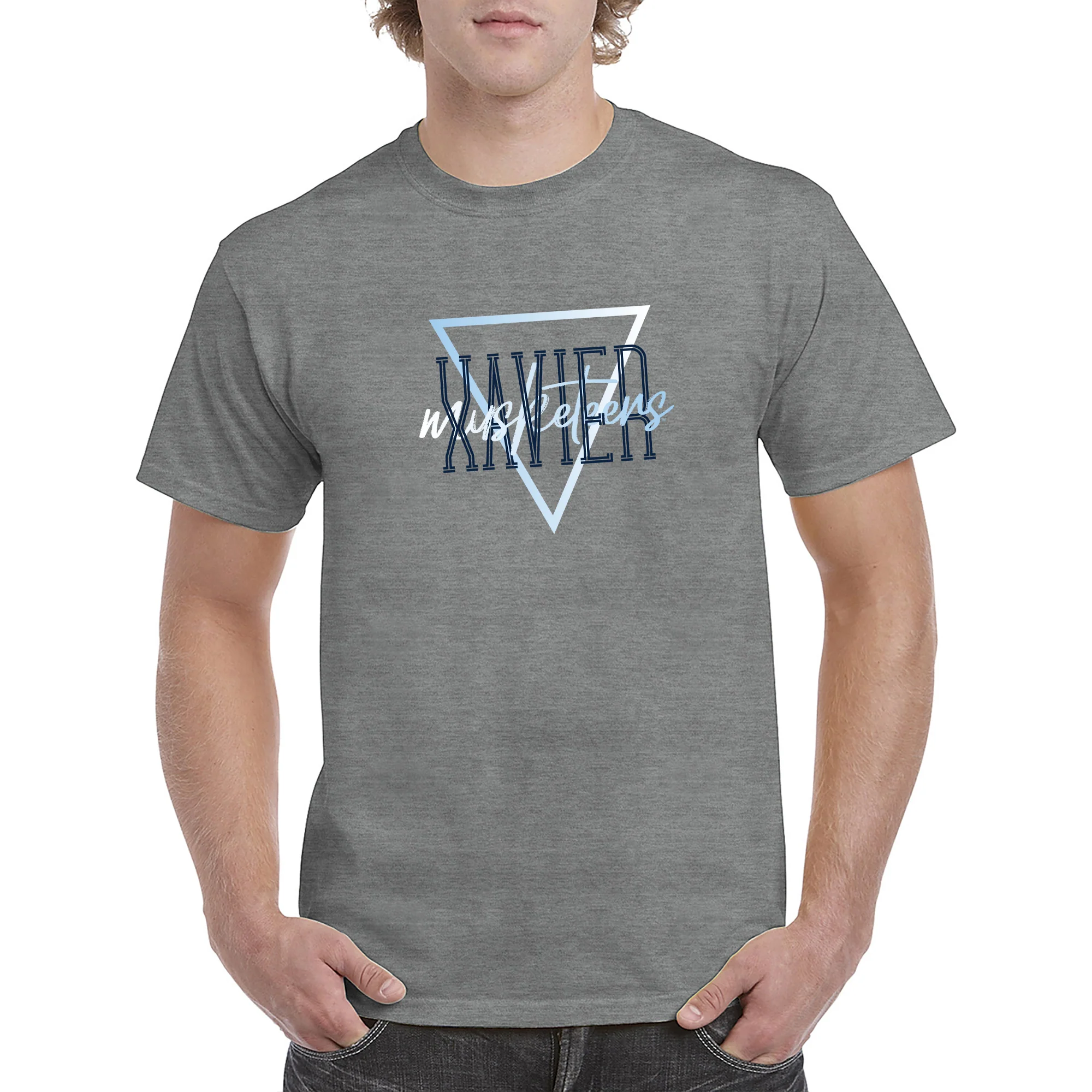 Xavier University Musketeers Gradient Triangle Basic Cotton Short Sleeve T Shirt - Graphite Heather - Image 3