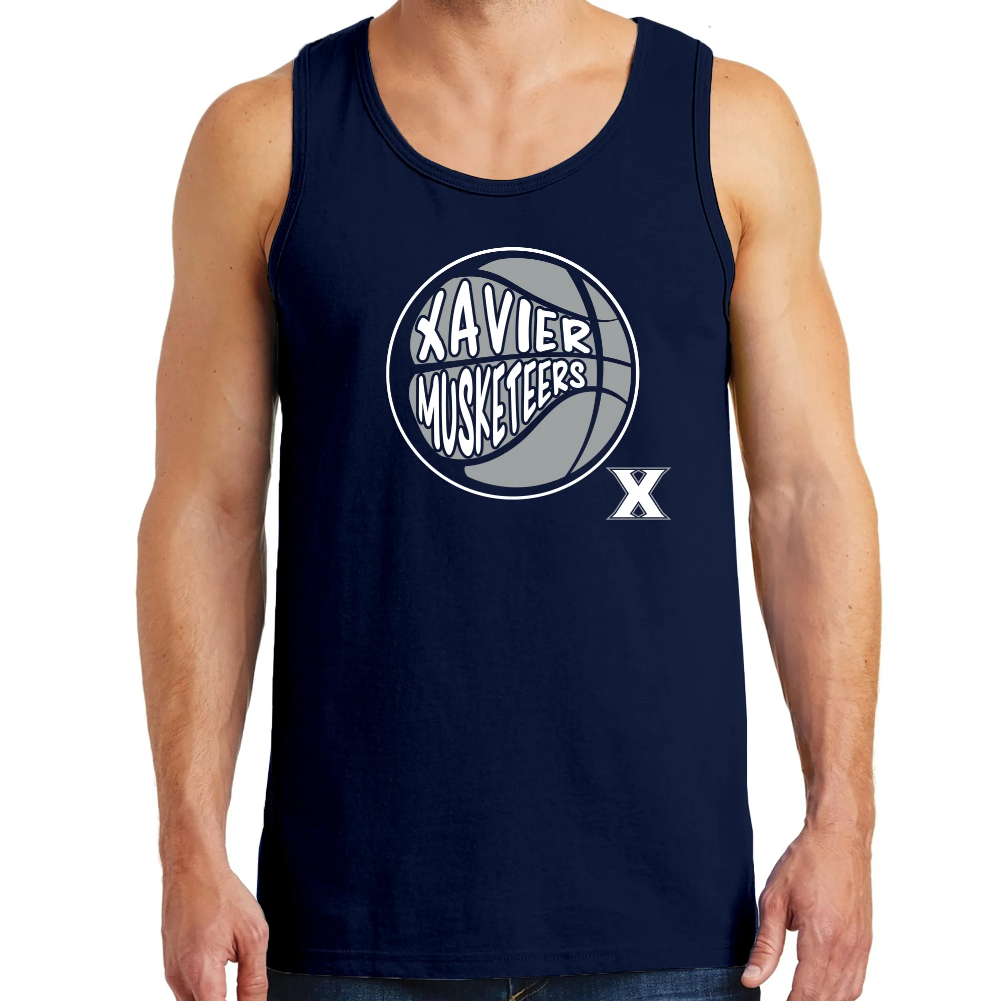 Xavier University Musketeers Street Basketball Heavy Cotton Tank Top - Navy - Image 3